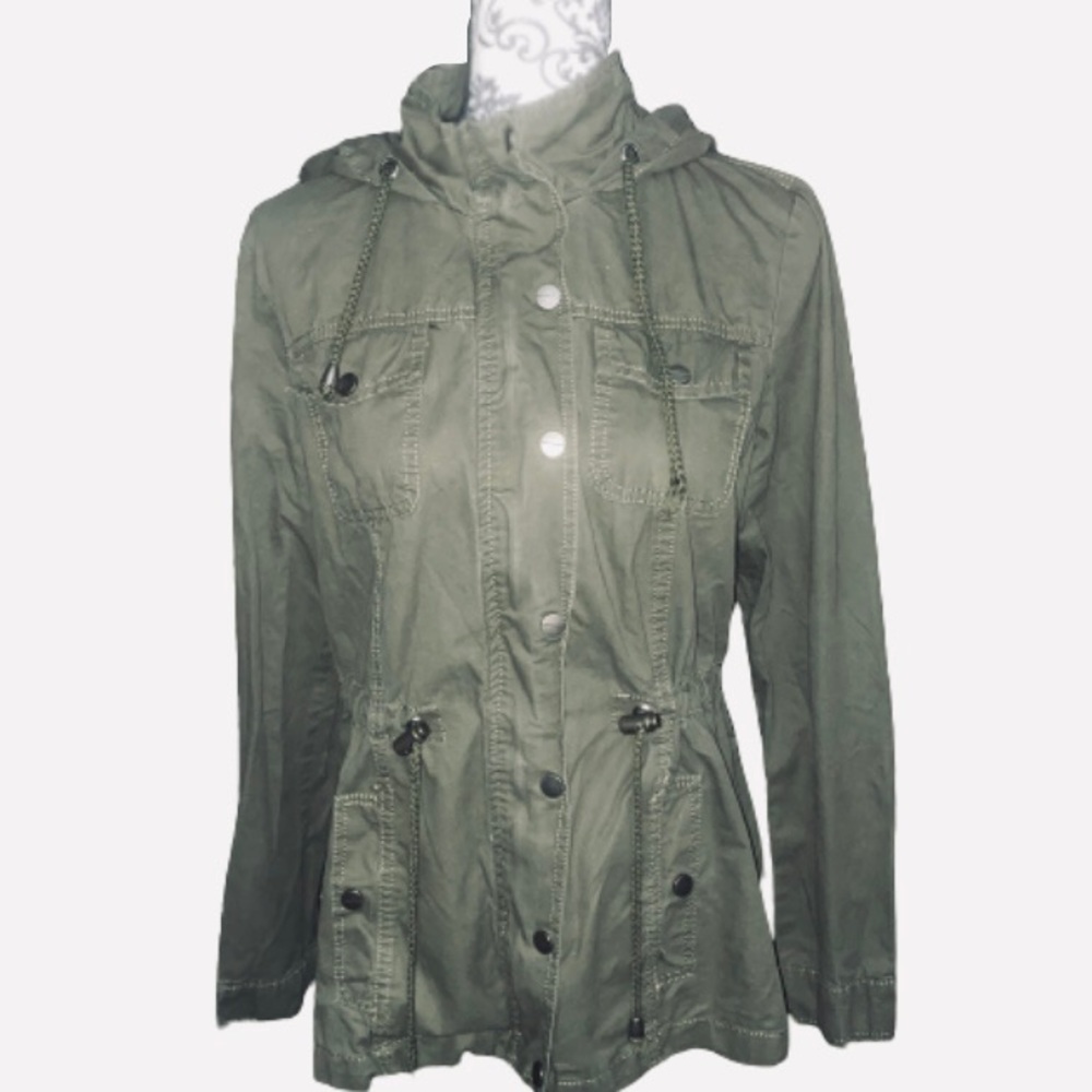 Ashley Brand Small Cargo Olive Green 100% Cotton Full Zip Hooded Utility Jacket - Picture 2 of 11